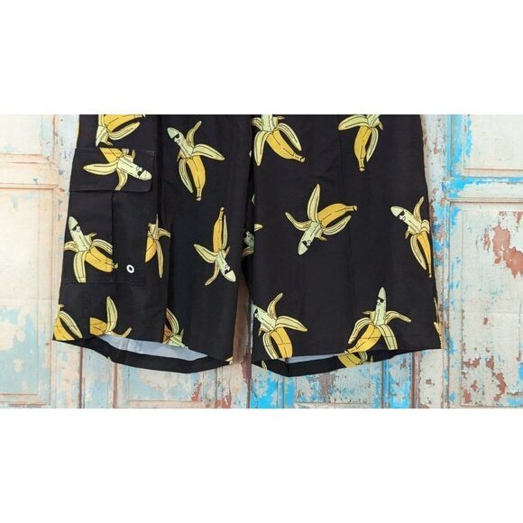 Rejork Mens Size XL Black Banana Print Elastic Waist Swimwear Board Shorts - Picture 4 of 9
